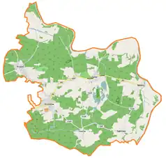 Mapa konturowa gminy Zabór, w centrum znajduje się punkt z opisem „Parafia Świętego Józefa”