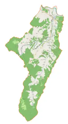 Mapa konturowa gminy Zagórz, blisko centrum na prawo znajduje się punkt z opisem „Łukowe, cerkiew”