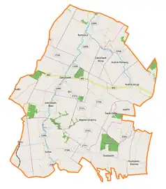 Mapa konturowa gminy Zakrzówek, na dole po lewej znajduje się punkt z opisem „Góry”