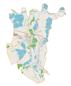 Mapa konturowa gminy Zator, blisko centrum u góry znajduje się punkt z opisem „Palczowice”