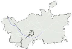 Mapa konturowa Zawiercia, na dole nieco na prawo znajduje się punkt z opisem „Dwór w Zawierciu-Bzowie”