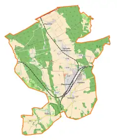 Mapa konturowa gminy Zbąszynek, blisko centrum po prawej na dole znajduje się punkt z opisem „Kosieczyn”