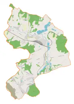 Mapa konturowa gminy Zebrzydowice, blisko centrum u góry znajduje się punkt z opisem „Zbór Kościoła Zielonoświątkowego w Zebrzydowicach”