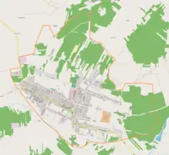 Mapa konturowa Zelowa, na dole znajduje się punkt z opisem „Kościół ewangelicko-reformowanyw Zelowie”