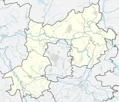 Mapa konturowa powiatu zielonogórskiego, po prawej znajduje się punkt z opisem „Pałac w Trzebiechowie”