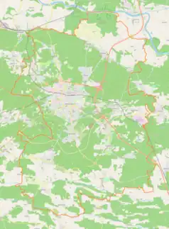 Mapa konturowa Zielonej Góry, blisko centrum u góry znajduje się punkt z opisem „Centrum Rekreacyjno-Sportowe w Zielonej Górze”