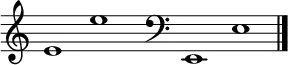 
\new Staff \with
{
  \omit TimeSignature
  fontSize = #2
  \override StaffSymbol.staff-space = #1.25
  \override StaffSymbol.thickness = #1.25
  \override Clef.full-size-change = ##t
  \override BarLine.hair-thickness = #2.4
  \override BarLine.thick-thickness = #7.5
  \override BarLine.kern = #3.75
  \override BarLine.transparent = ##t
}
{
  \time 18/8
  \clef treble
  s8
  e'1 e''
  s8
  \grace s8
  \clef bass
  \bar "|"
  s8
  e,1 e
  \override Staff.BarLine.transparent = ##f
  \bar "|."
}
