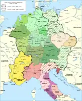 The Holy Roman Empire c. 1000, with the duchies comprising the notional 'Kingdom of the Germans' in green