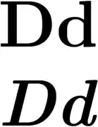 Uppercase and lowercase versions of D, in normal and italic type