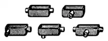 Line drawings of five condulets, each of which is a small rectangular box with at least one round tube protruding from at least one side.